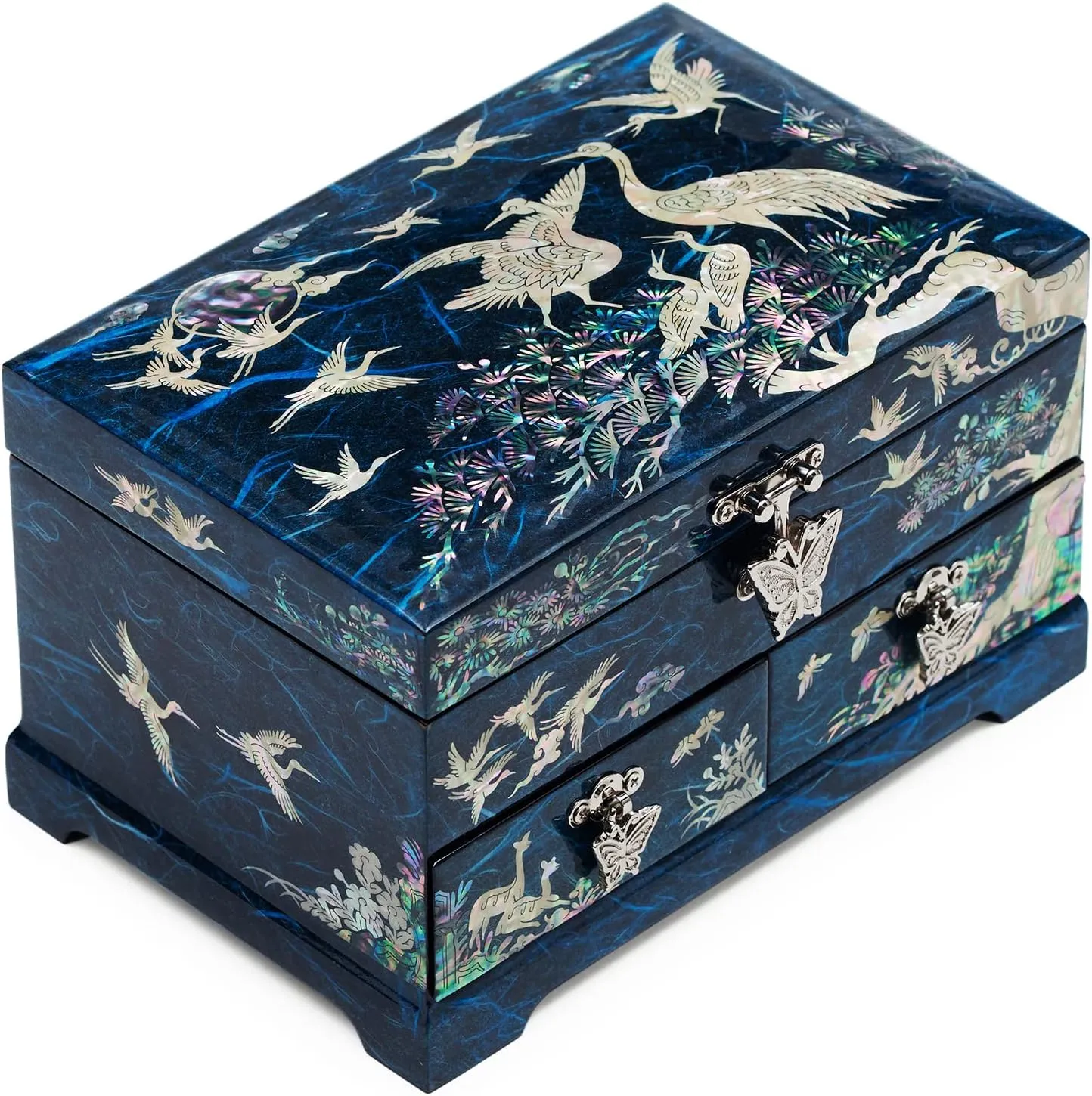 Two Level Cranes Blue MADDesign Mother of pottery polygon moralize Pearl Lacquered Jewelry Box 