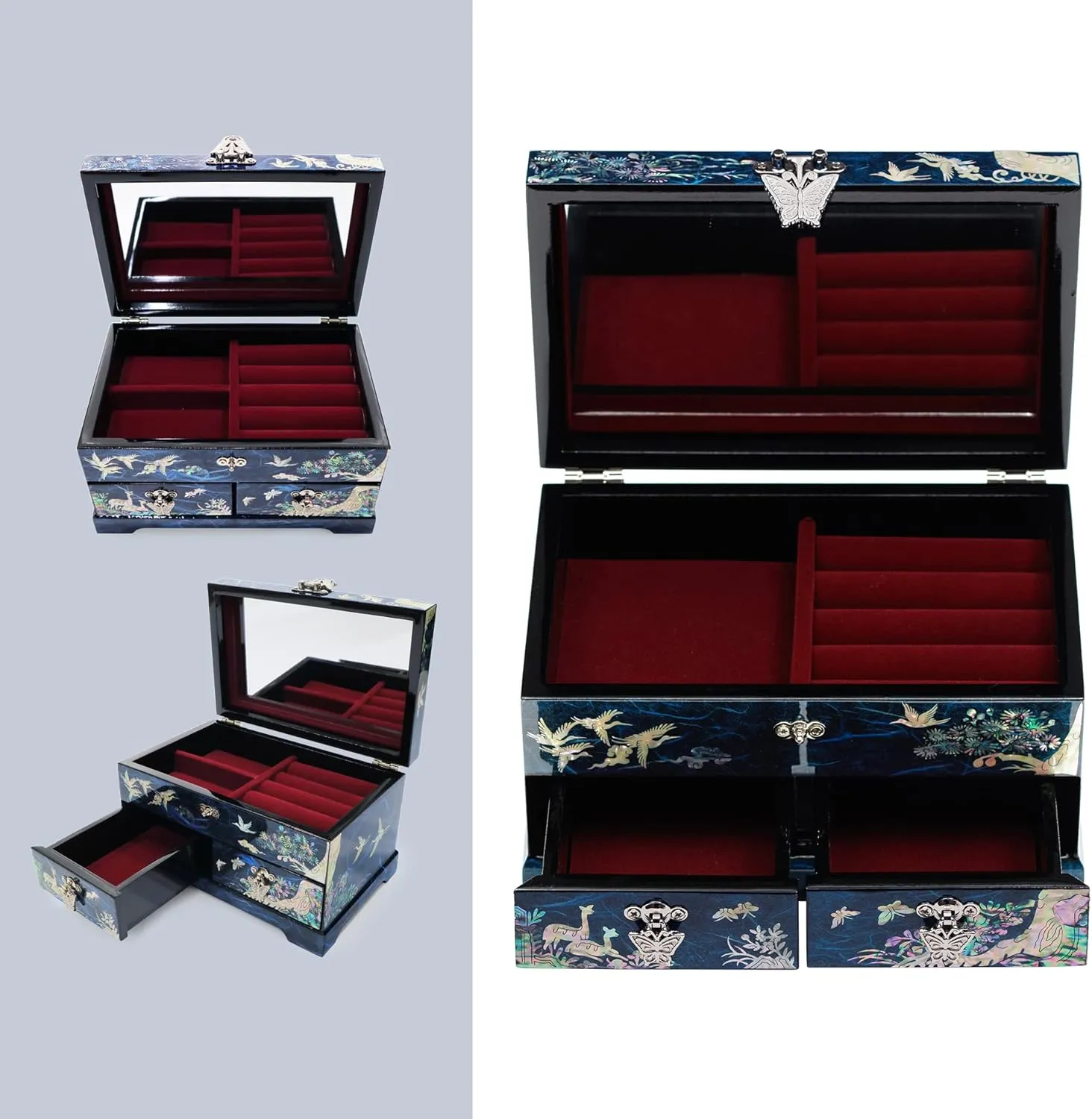 Two Level Cranes Blue MADDesign Mother of pottery polygon moralize Pearl Lacquered Jewelry Box 