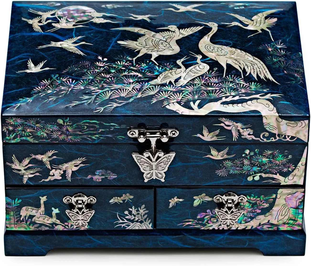 Two Level Cranes Blue MADDesign Mother of pottery polygon moralize Pearl Lacquered Jewelry Box 
