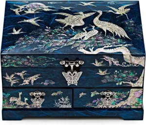 Two Level Cranes Blue MADDesign Mother of pottery polygon moralize Pearl Lacquered Jewelry Box 