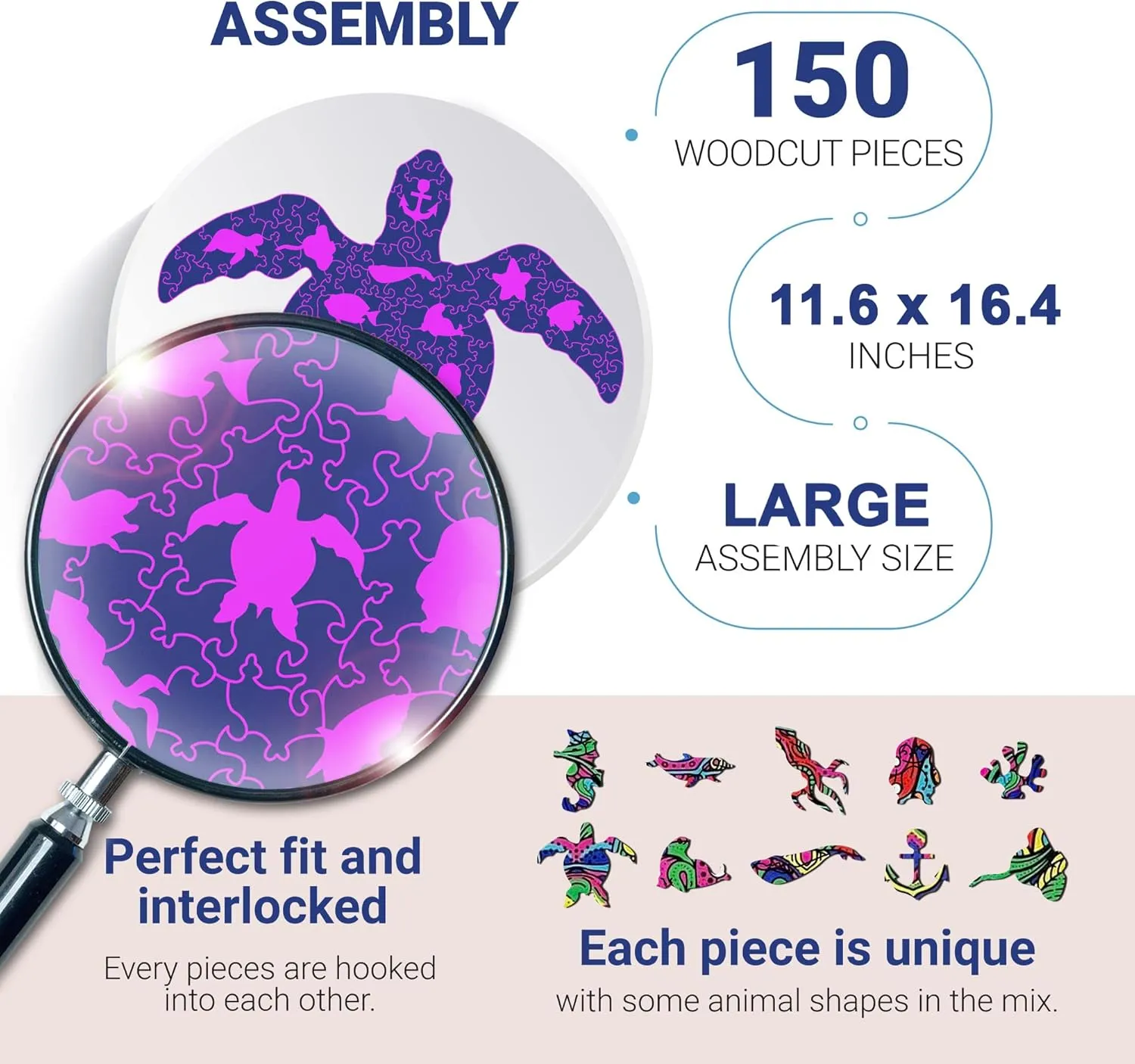 Unique Puzzle, Wood Cut Animal Shaped Puzzles 150 Pieces Turtle Large Size - Great Gift for Family and breakfast Friends Wooden Puzzle for Adults - 
