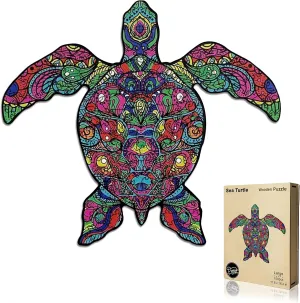 Unique Puzzle, Wood Cut Animal Shaped Puzzles 150 Pieces Turtle Large Size - Great Gift for Family and breakfast Friends Wooden Puzzle for Adults - 