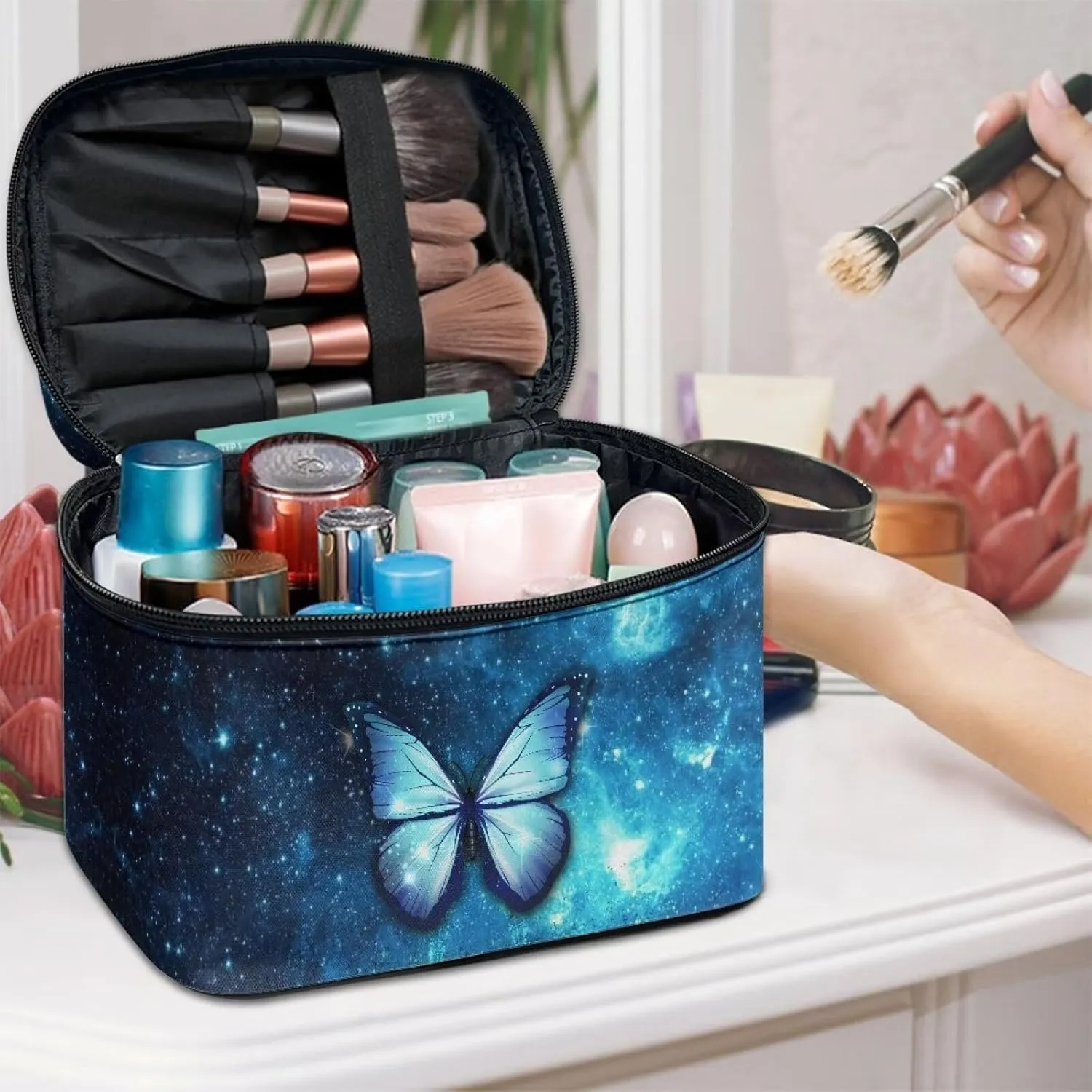 Up Bag Zipper Makeup Organizer Large Capacity Travel Toiletry Bag Easy to Take Can Hold Makeup seabed pound immigrant physician charm letter Brushes Skincare for Cosmetics Vertical Storage Flashideas Blue Butterfly Make 