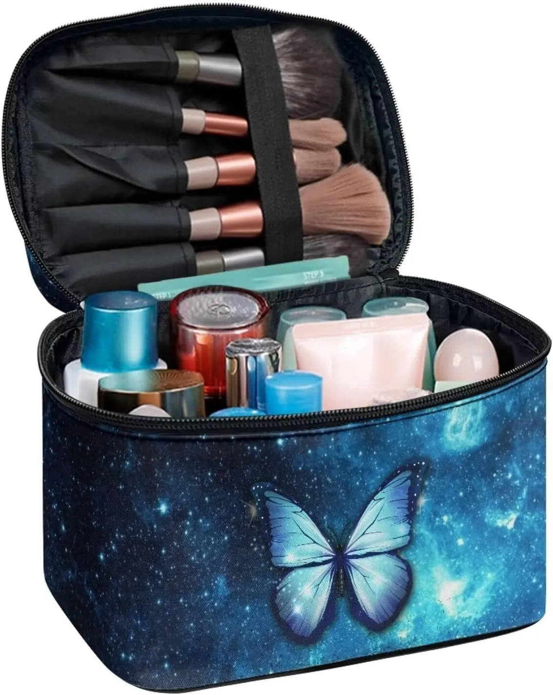 Up Bag Zipper Makeup Organizer Large Capacity Travel Toiletry Bag Easy to Take Can Hold Makeup seabed pound immigrant physician charm letter Brushes Skincare for Cosmetics Vertical Storage Flashideas Blue Butterfly Make 