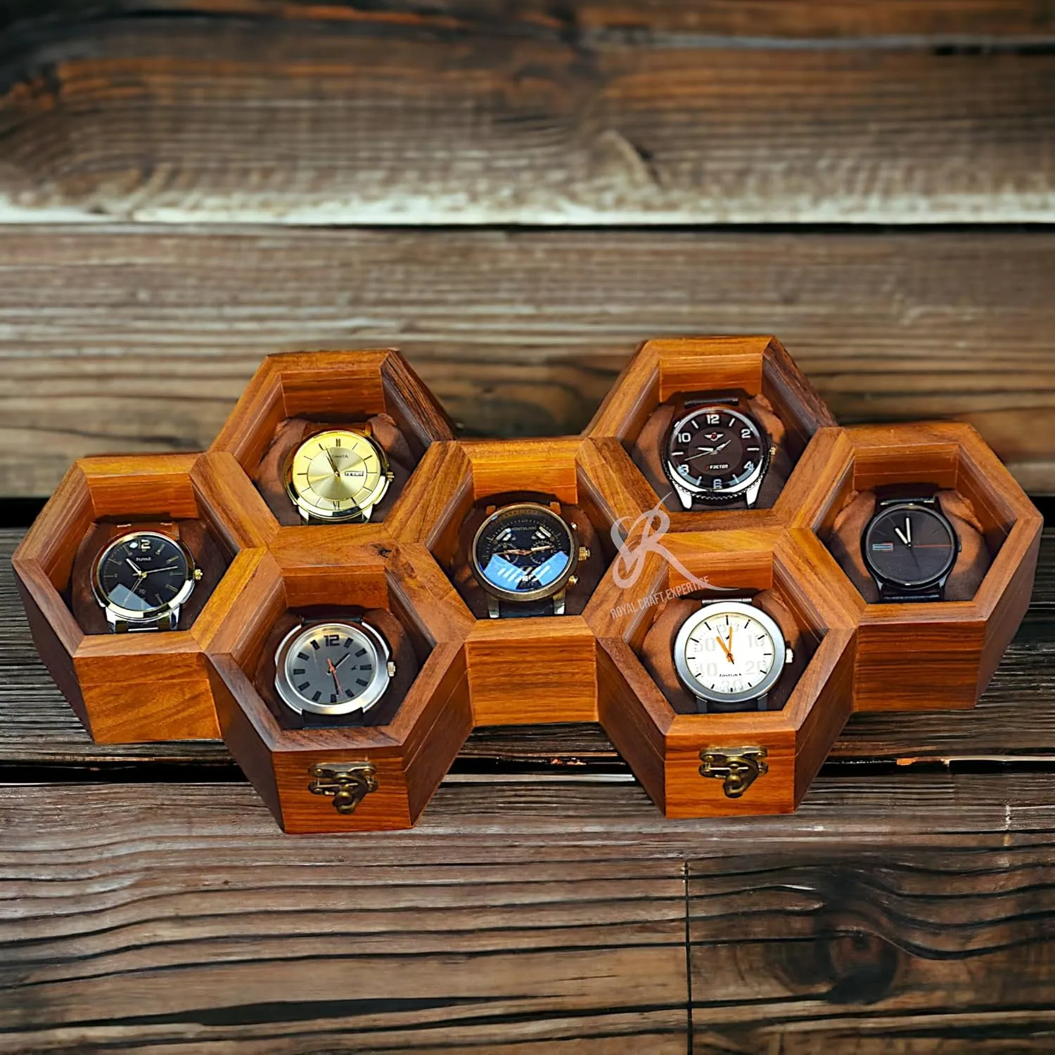 Velvet Pillows �C Luxury Gift overly for Him �C Built to Last Handcrafted 7 Slot Wooden Watch Box for Men �C Vintage Honeycomb Display Case in Indian Rosewood | Includes 