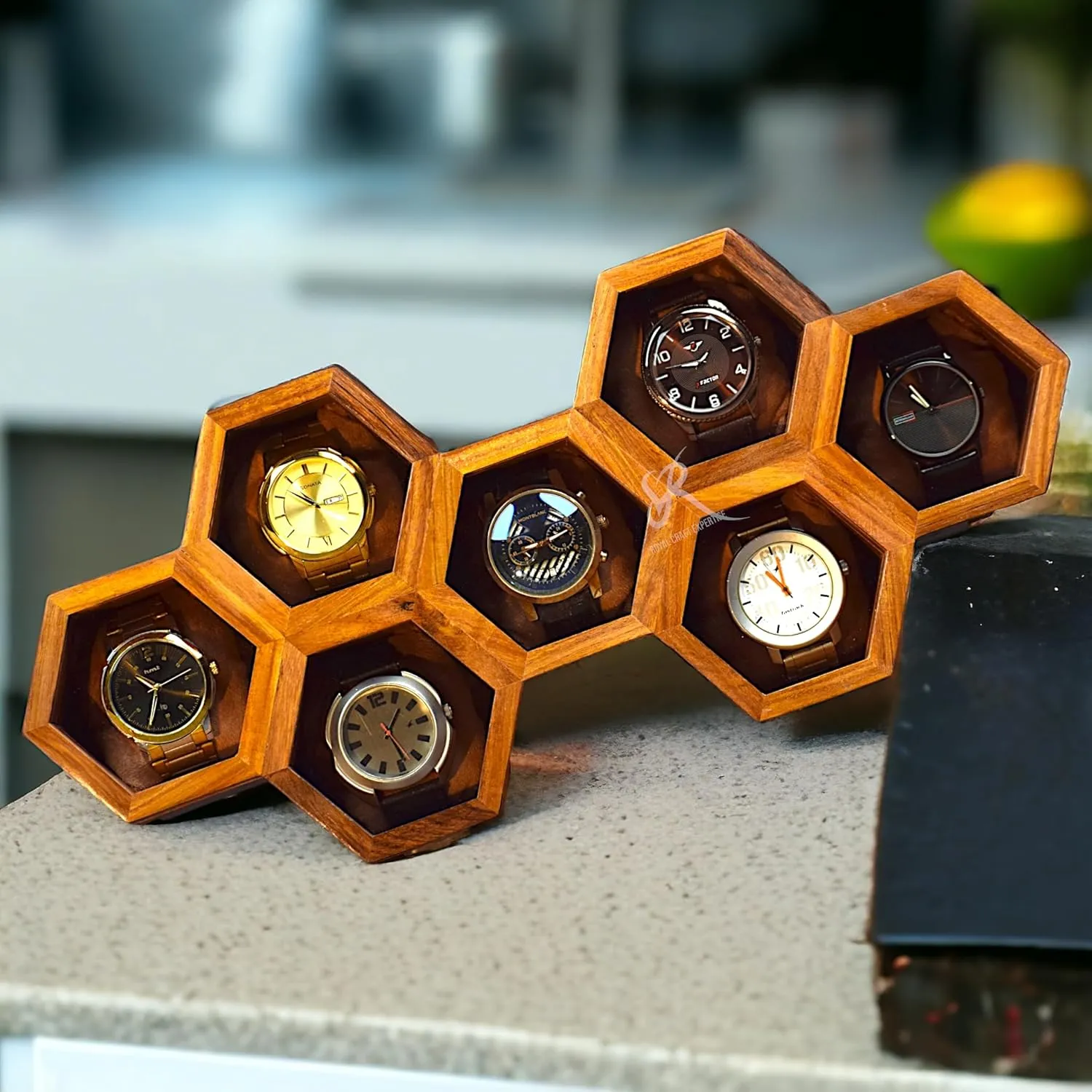 Velvet Pillows �C Luxury Gift overly for Him �C Built to Last Handcrafted 7 Slot Wooden Watch Box for Men �C Vintage Honeycomb Display Case in Indian Rosewood | Includes 