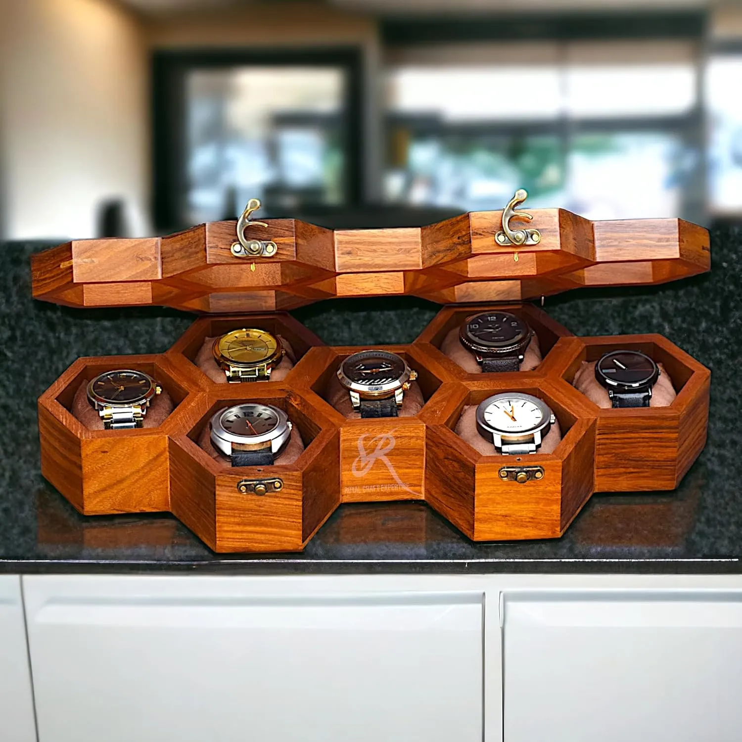 Velvet Pillows �C Luxury Gift overly for Him �C Built to Last Handcrafted 7 Slot Wooden Watch Box for Men �C Vintage Honeycomb Display Case in Indian Rosewood | Includes 