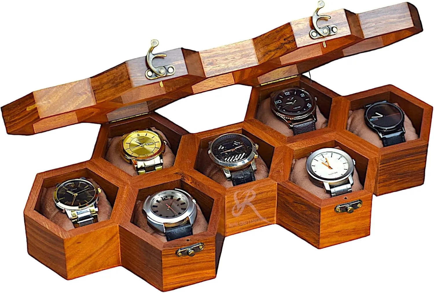 Velvet Pillows �C Luxury Gift overly for Him �C Built to Last Handcrafted 7 Slot Wooden Watch Box for Men �C Vintage Honeycomb Display Case in Indian Rosewood | Includes 