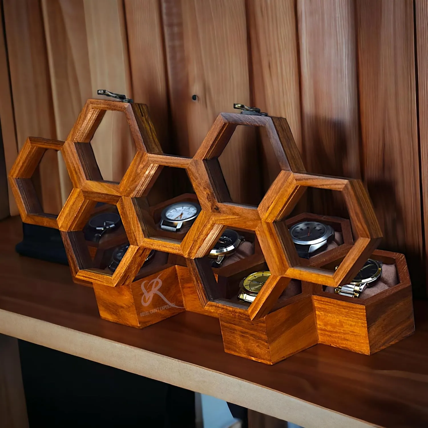 Velvet Pillows �C Luxury Gift overly for Him �C Built to Last Handcrafted 7 Slot Wooden Watch Box for Men �C Vintage Honeycomb Display Case in Indian Rosewood | Includes 