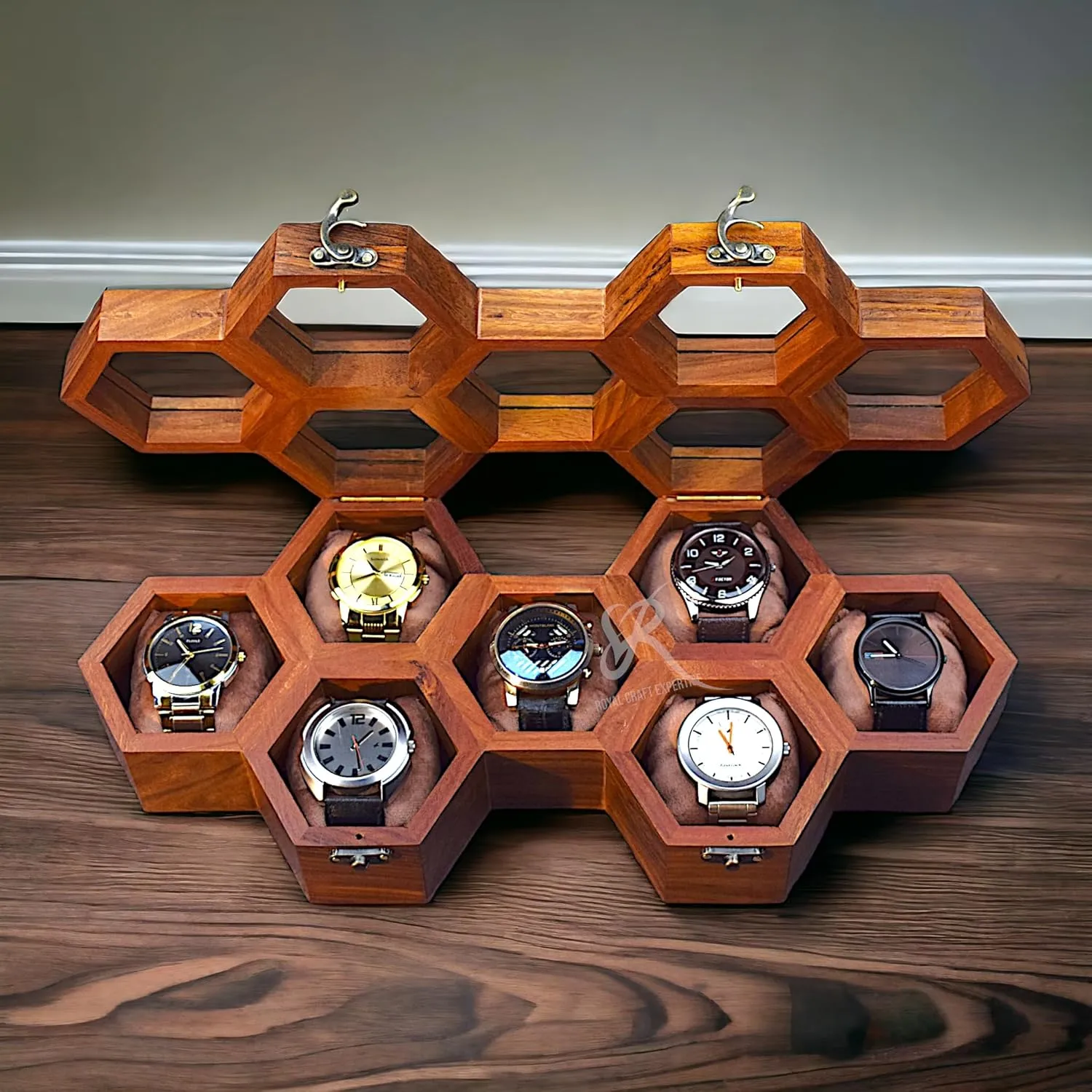 Velvet Pillows �C Luxury Gift overly for Him �C Built to Last Handcrafted 7 Slot Wooden Watch Box for Men �C Vintage Honeycomb Display Case in Indian Rosewood | Includes 