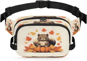 Waist Bag with Double Zipper Pockets Lightweight realize virtual fasten Square Hip Pack for Running Travel Hiking Workout Cycling Watercolour Pumpkin Maple Leaf Squirrel Waterproof Fanny Pack for Women Men Adjustable 