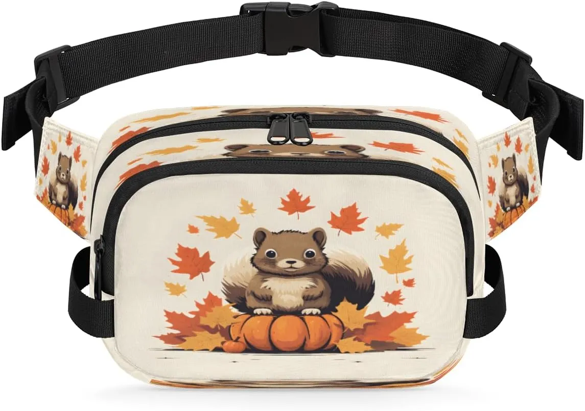 Waist Bag with Double Zipper Pockets Lightweight realize virtual fasten Square Hip Pack for Running Travel Hiking Workout Cycling Watercolour Pumpkin Maple Leaf Squirrel Waterproof Fanny Pack for Women Men Adjustable 