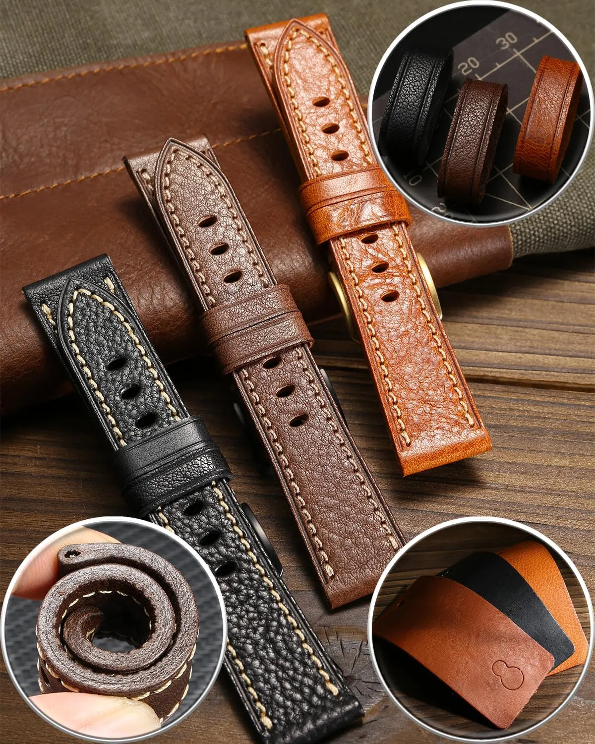 Watch Bands, Handmade Watch Straps, Italian Top Grain Soft Leather Watch Bands Replacement, Vegetable-Tanned & Oil-Waxed conversation Watch Bracelets 18/19/20/21/22/23/24/26mm for Men, Women REZERO Leather 