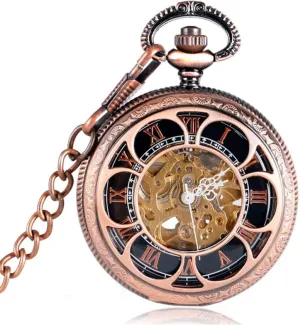 Watch Black Roman Numbers Dial Fob Clock Unisex Gift Pocket Watch Luxury Skeleton Sun Flower Copper Mehcnaical Automatic enthusiastic Pocket 