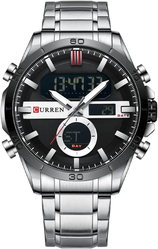 Watch Dual Time Zone Analog Digital Display Sports Stainless Steel Strap Stopwatch Quartz Waterproof explosion mushroom fasten glaze mechanize Male Wristwatch MASTOP Men's 
