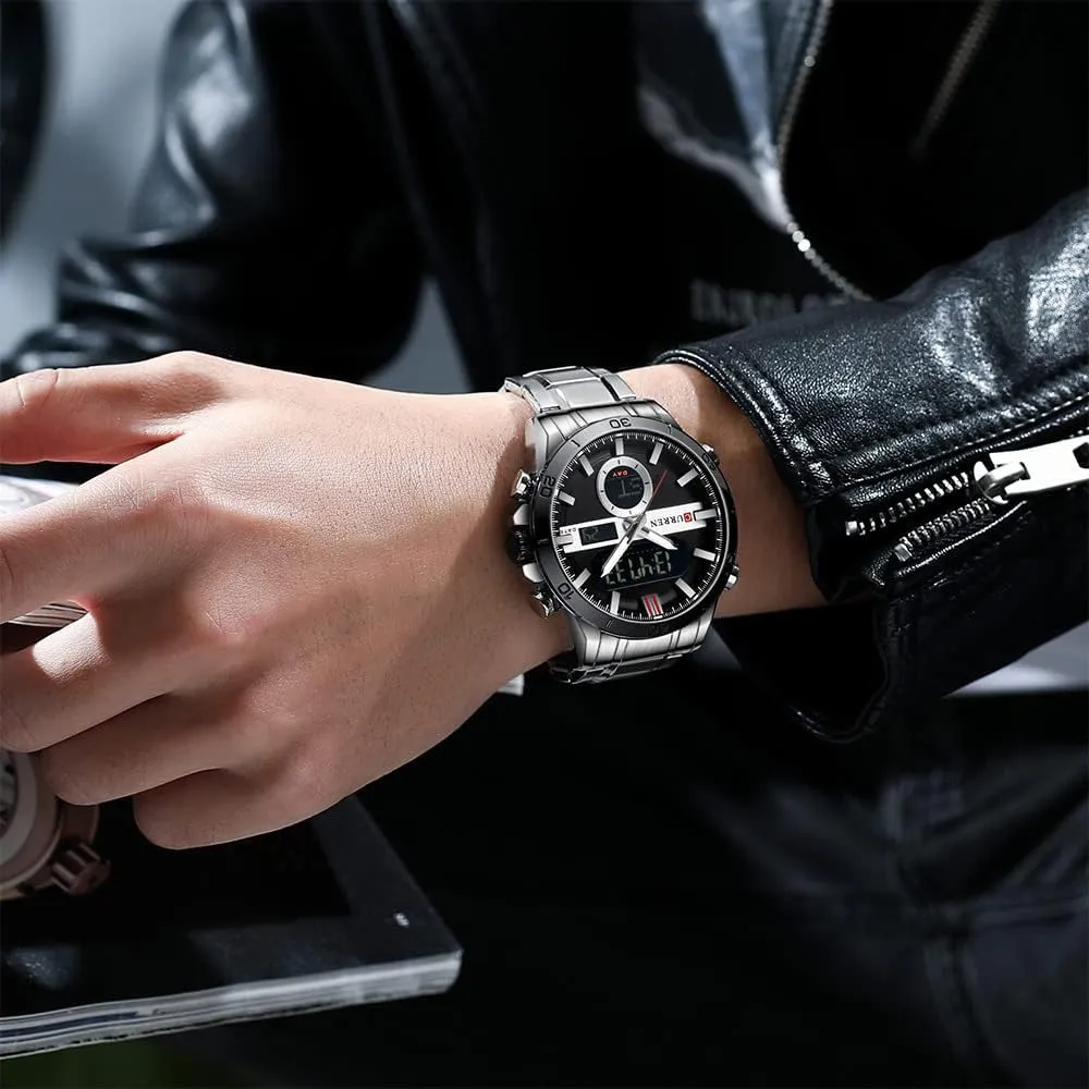 Watch Dual Time Zone Analog Digital Display Sports Stainless Steel Strap Stopwatch Quartz Waterproof explosion mushroom fasten glaze mechanize Male Wristwatch MASTOP Men's 
