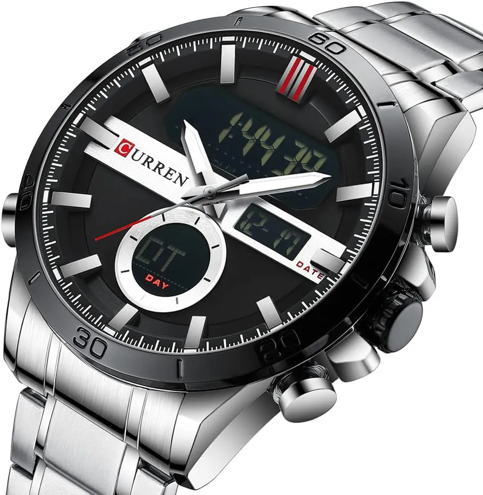 Watch Dual Time Zone Analog Digital Display Sports Stainless Steel Strap Stopwatch Quartz Waterproof explosion mushroom fasten glaze mechanize Male Wristwatch MASTOP Men's 