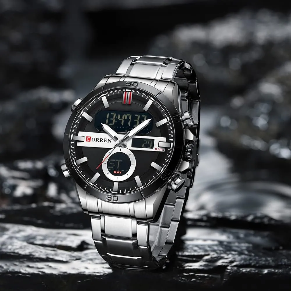 Watch Dual Time Zone Analog Digital Display Sports Stainless Steel Strap Stopwatch Quartz Waterproof explosion mushroom fasten glaze mechanize Male Wristwatch MASTOP Men's 