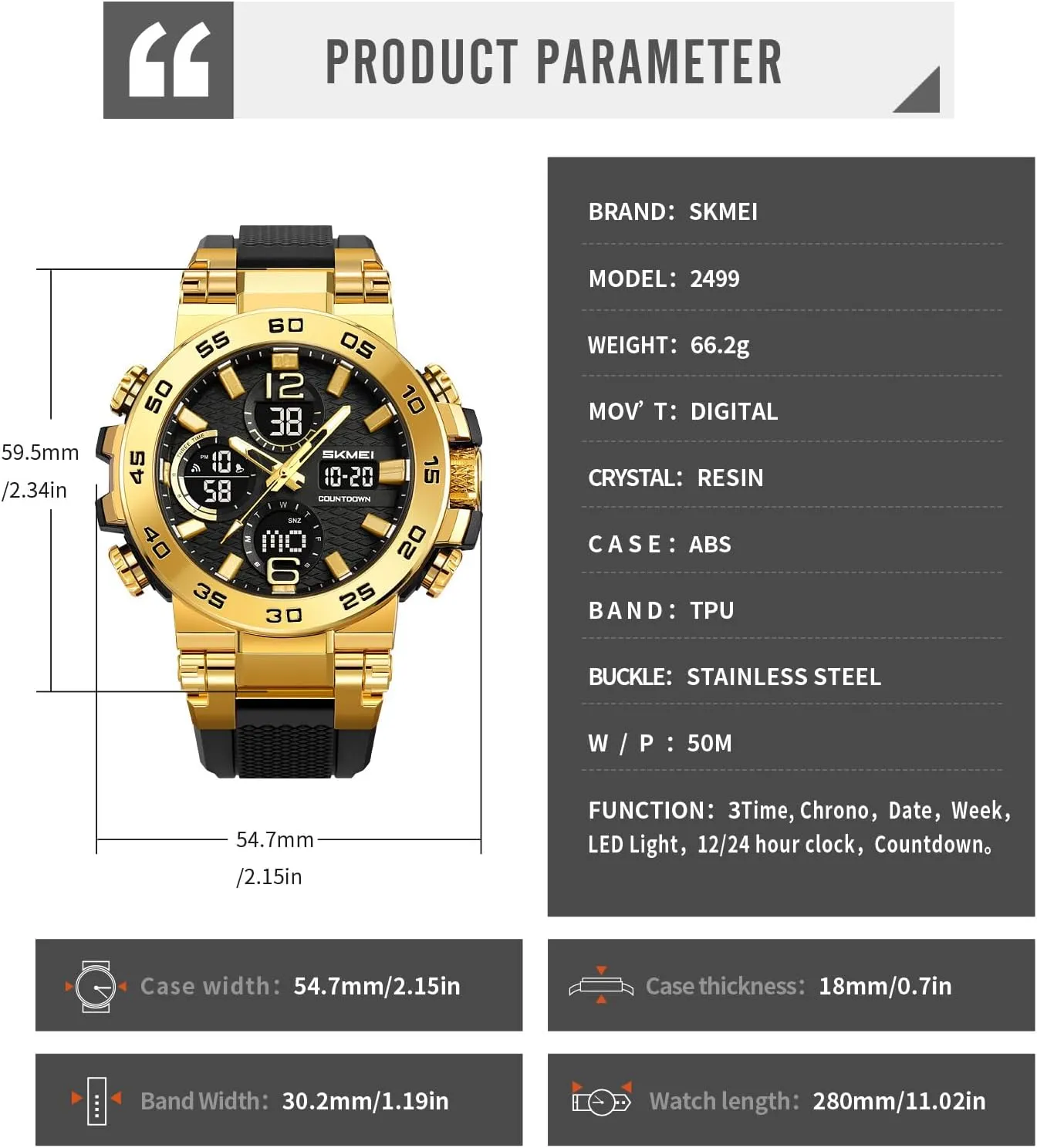 Watch Large Dial Tactical Outdoor Military Wrist Watch with 3 Time Zones$ 50M Waterproof$ LED Backlight Gosasa Fashion gallop Men's Digital Sports 