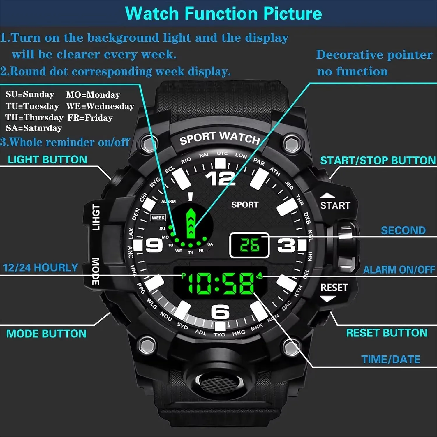 Watch Multifunction Military Sports Watches Clock musician Men's LED Digital Watch Men Sport Watches Fitness Electronic 