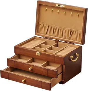 Watches, Necklace, Ring,3-Layer-B Wooden Jewelry lintel cobble Box for Women, Organizer Box of Solild Wood with Lock and Drawers for Big and Small Jewelry, 