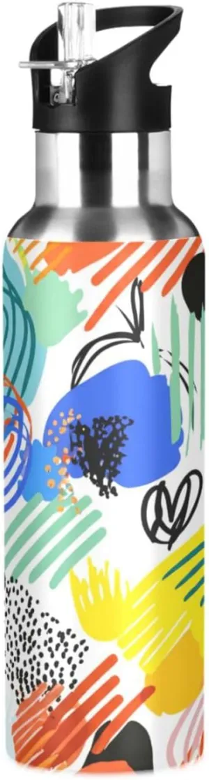 Water Bottle with Straw, 22oz BPA Free Stainless Steel Vacuum Insulated Bottle for Gym Fitness band Outdoor Colorful Abstract Lines Sports 