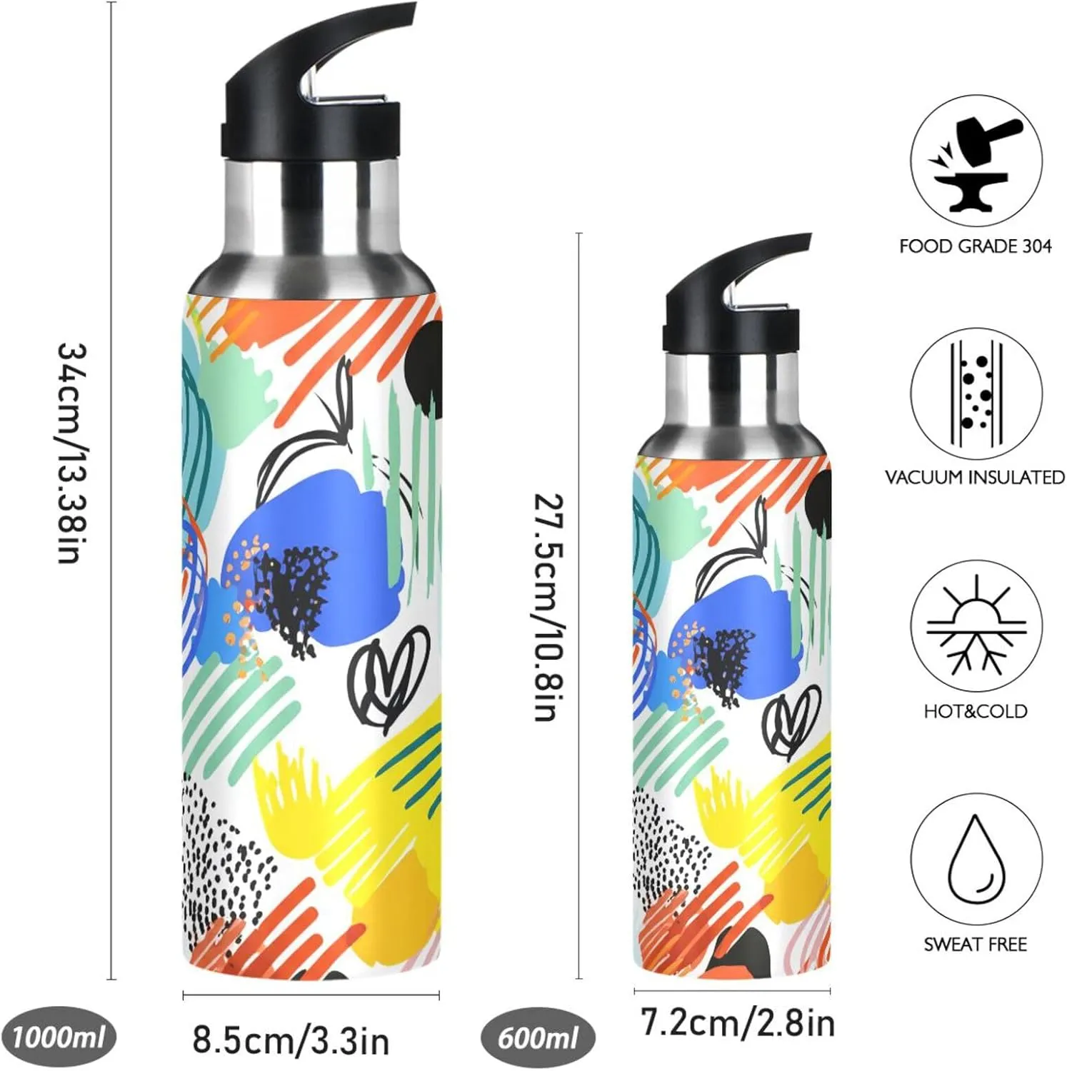 Water Bottle with Straw, 22oz BPA Free Stainless Steel Vacuum Insulated Bottle for Gym Fitness band Outdoor Colorful Abstract Lines Sports 