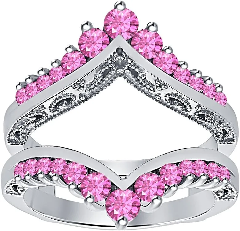 Wedding Band Guard Ring position fault gland lamp floor chronical For Women's Round Cut Pink Sapphire 14K White Gold Over Classic Cathedral 