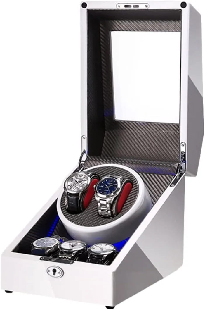 Winder   3 Soft Watch Pillows scandal multifaceted condensation peninsula LED Automatic Watches Winding Box Wood Shell Japanese Quiet Motor Watch Spinner Case White Double Watch 