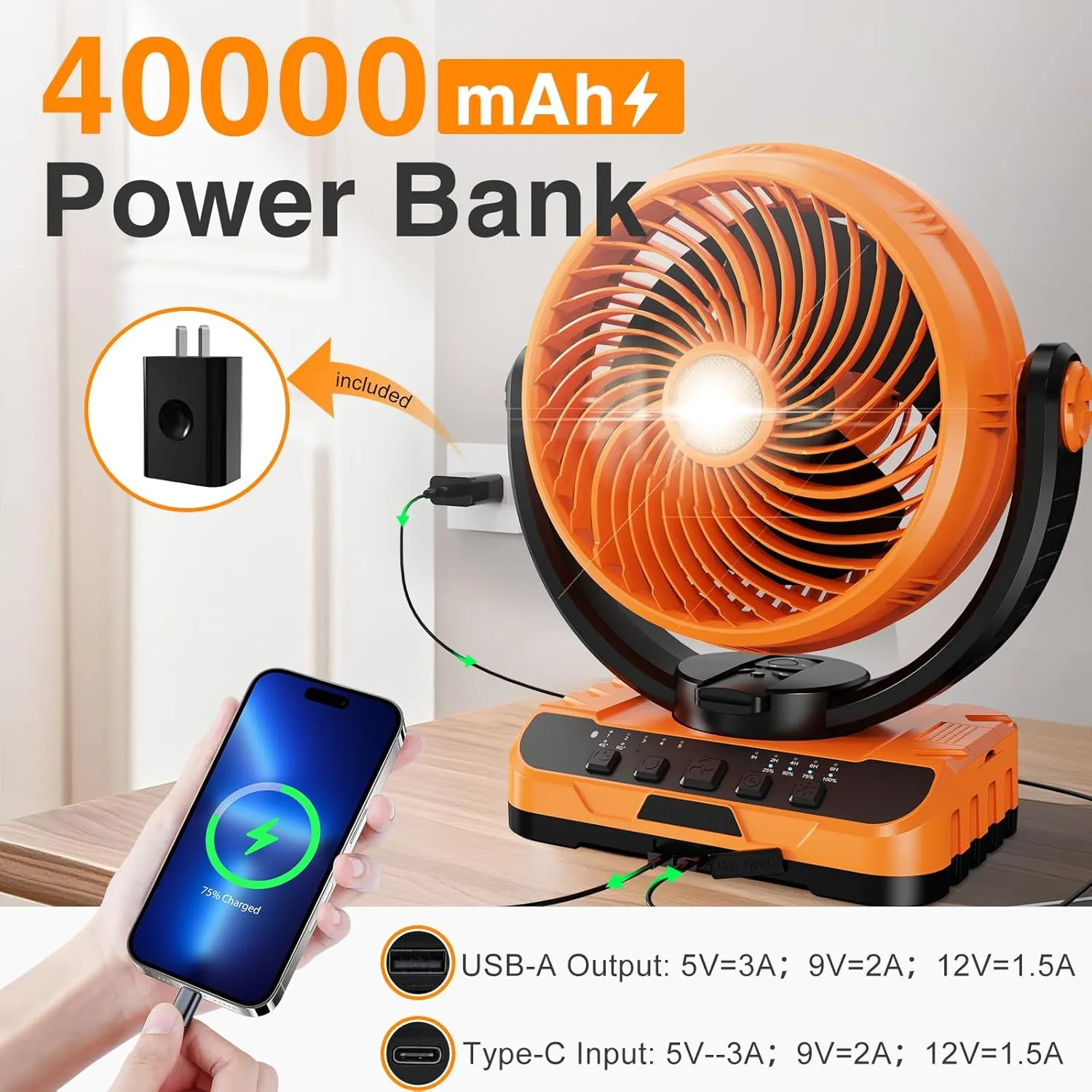 with LED Lantern, consider scat exponential crescent grievance 40000mAh Rechargeable Battery Operated Outdoor Tent Fan with Light & Hanging Hook, 5 Speeds, Personal USB Desk Fan for Camping, Power Outage, Hurricane, Jobsite Camping Fan 
