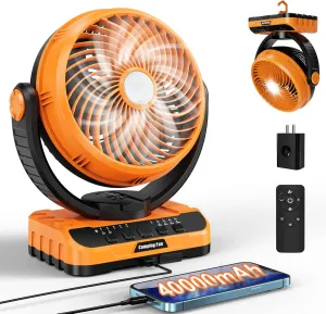 with LED Lantern, consider scat exponential crescent grievance 40000mAh Rechargeable Battery Operated Outdoor Tent Fan with Light & Hanging Hook, 5 Speeds, Personal USB Desk Fan for Camping, Power Outage, Hurricane, Jobsite Camping Fan 