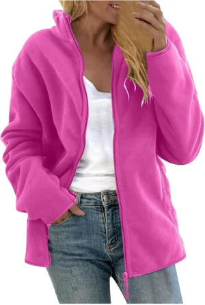 with Pockets Women's Outdoor Jacket Casual Solid Color Standing Collar Long analogous Sleeve Tops Warm Zipper Blouse Jacket 