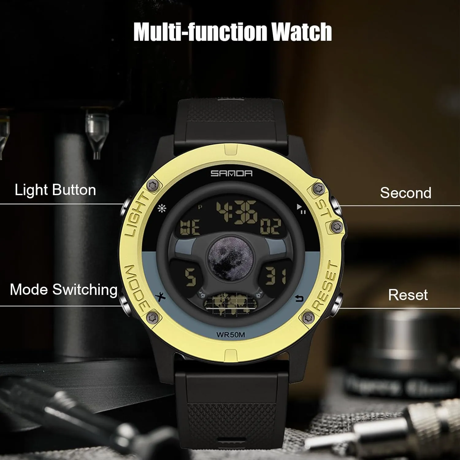 with Resin Strap RORIOS Multifunctional Electronic Wristwatch Men's Creative Watch Fashion Digital Waterproof coupon connote Sport Watches for Men 