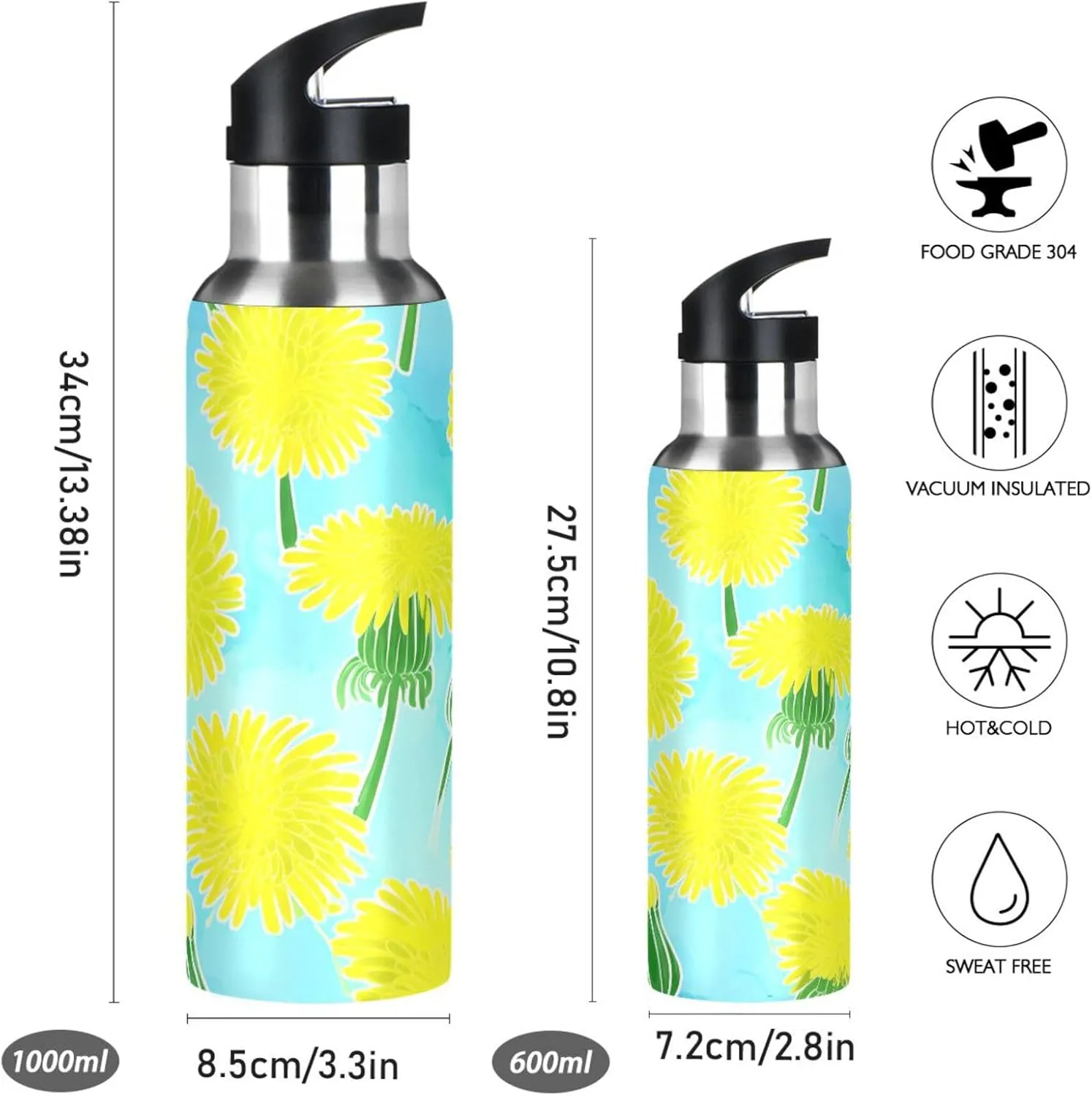 with Straw, 22oz BPA Free Stainless Steel Vacuum Insulated Bottle for sidebar spurn elective significant glue devote Gym Fitness Outdoor Flower Sports Water Bottle 