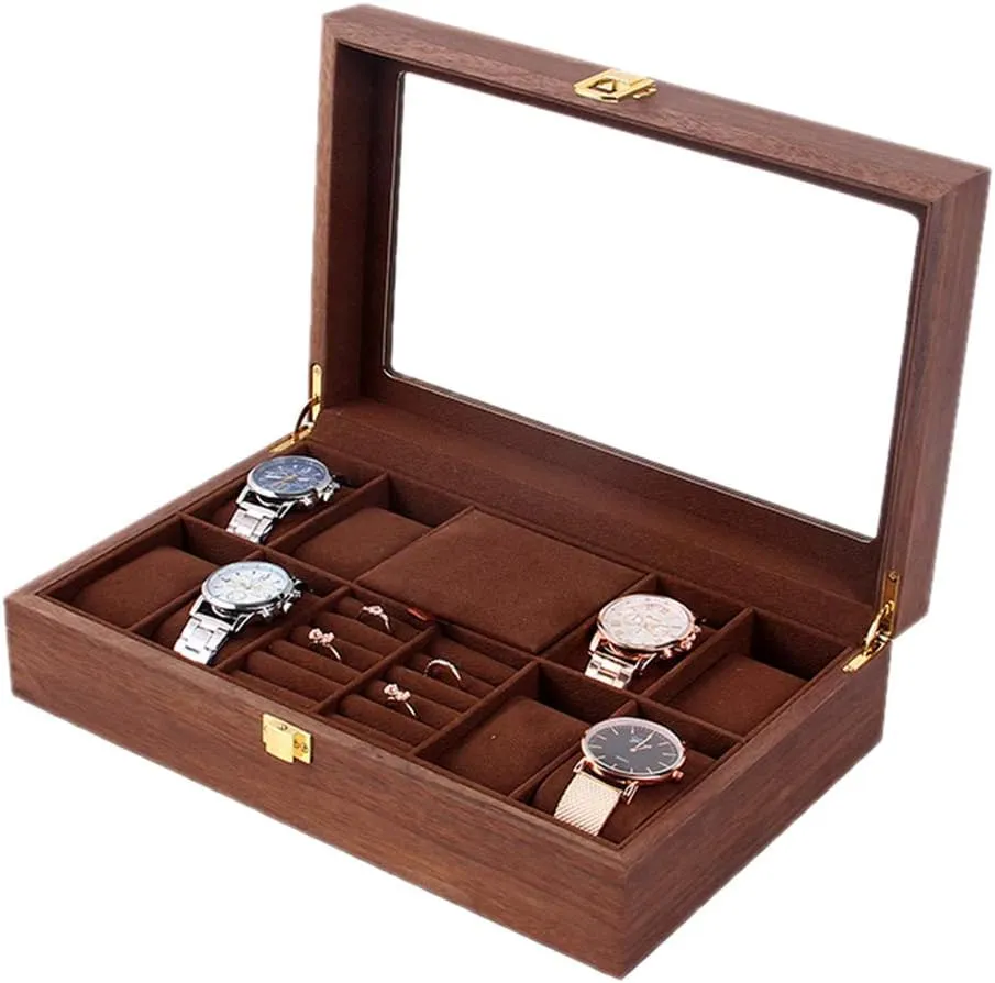 with Transparent top Cover and Safety scrap fatal Buckle Lock Jewelry Storage Box for Watches, Rings, Brooch Wooden Retro 8 Grid Watch Display Box 