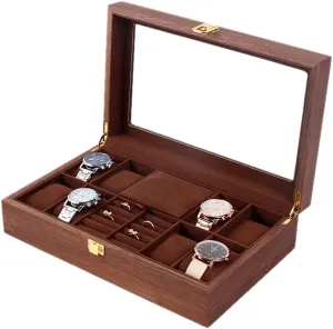 with Transparent top Cover and Safety scrap fatal Buckle Lock Jewelry Storage Box for Watches, Rings, Brooch Wooden Retro 8 Grid Watch Display Box 