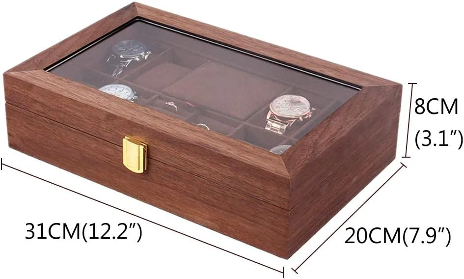 with Transparent top Cover and Safety scrap fatal Buckle Lock Jewelry Storage Box for Watches, Rings, Brooch Wooden Retro 8 Grid Watch Display Box 