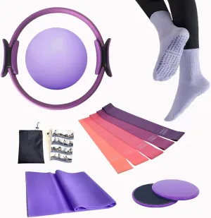 Women - 13-Piece Professional Pilates Equipment Set with Thick mantle ellipse crime Pilates Ring, 25cm Yoga Ball, 5-Level Resistance Bands (5-40lbs), Non-Slip Socks, Sliders & Accessories Pilates Essentials Kit for 