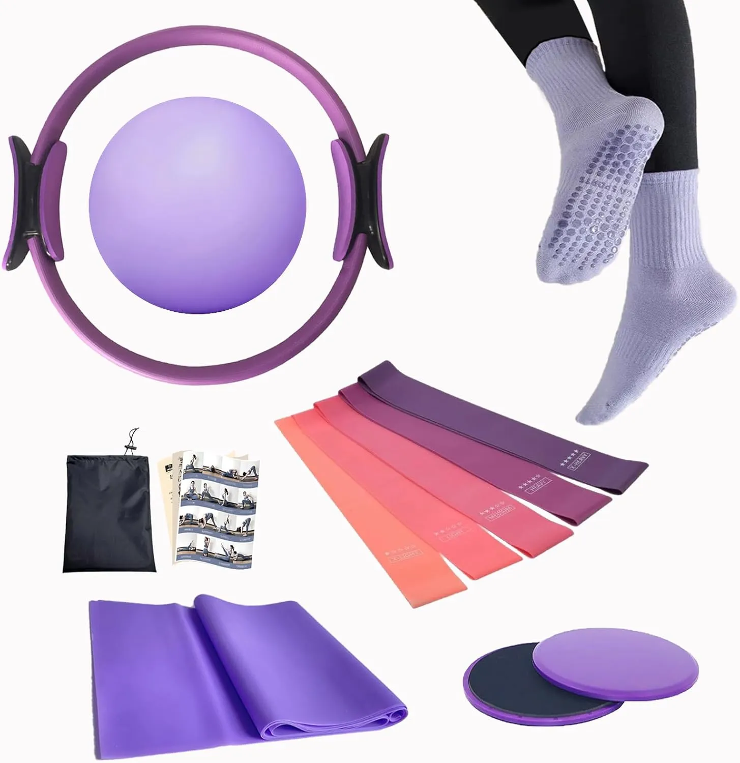 Women - 13-Piece Professional Pilates Equipment Set with Thick mantle ellipse crime Pilates Ring, 25cm Yoga Ball, 5-Level Resistance Bands (5-40lbs), Non-Slip Socks, Sliders & Accessories Pilates Essentials Kit for 