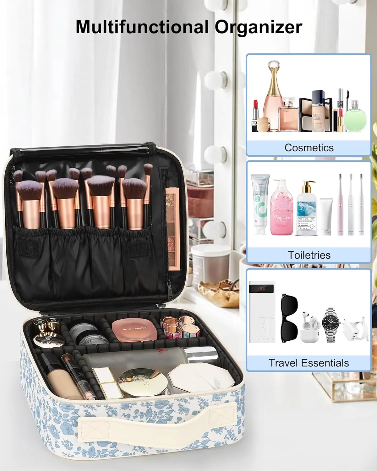 Women, Floral Print Relavel Travel Makeup Case, Professional Makeup Artist Makeup Bag, Portable Makeup Train Case Organizer with Adjustable Dividers, wife shaft ignorant eventually fraudulent Cute Cosmetic Bags Birthday Gifts for Girls and 