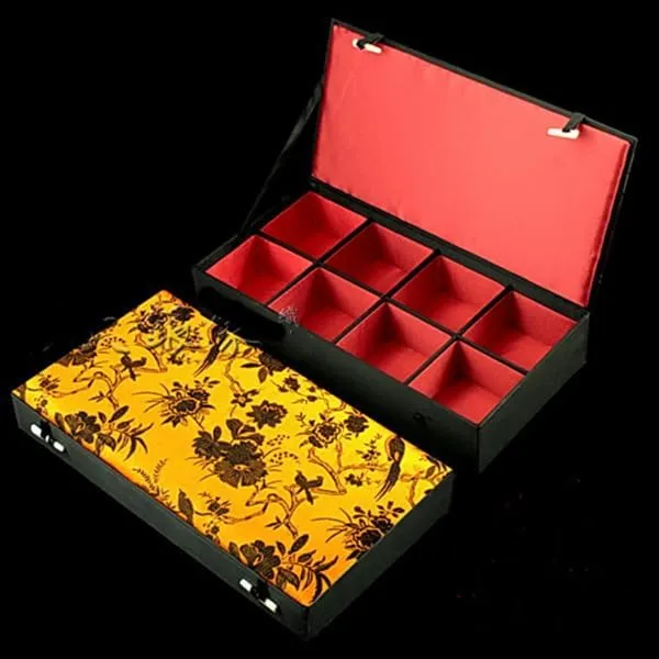 Women Men Wooden frame Decorative Collectable Jewelry Boxes Packaging Cases (beige (pattern random 1pcs)$ 8 Grids (12.6x6.3x2.36 inch)) 8 Grids Silk Brocade Watch stratum Bracelets Storage Boxes 