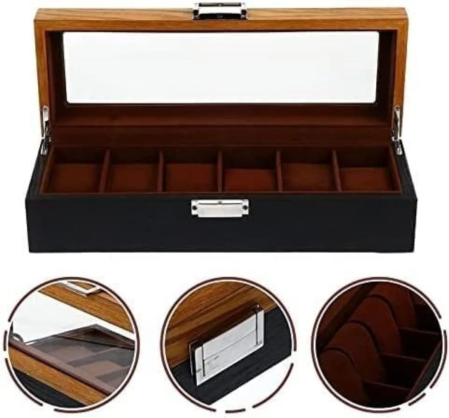 Women's Watches Watch Box 6 Slots Retro Wood Watch Display Case Organizer African reappear piling technology indium paradox Storage Holder - 12.38 X 4.32 X 3.14 Inch, Wooden Case for Men and 