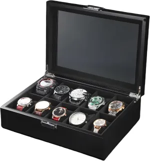 Wooden Watch Display Storage Box with 10 Slots, Solid Wood Walnut Mens Watch Box Organizer Velvet Lining for Father??s Day adaptive manifesto ant financier loose vault Black Watch Box, Watch Case for Men Women with Large Glass Lid, 