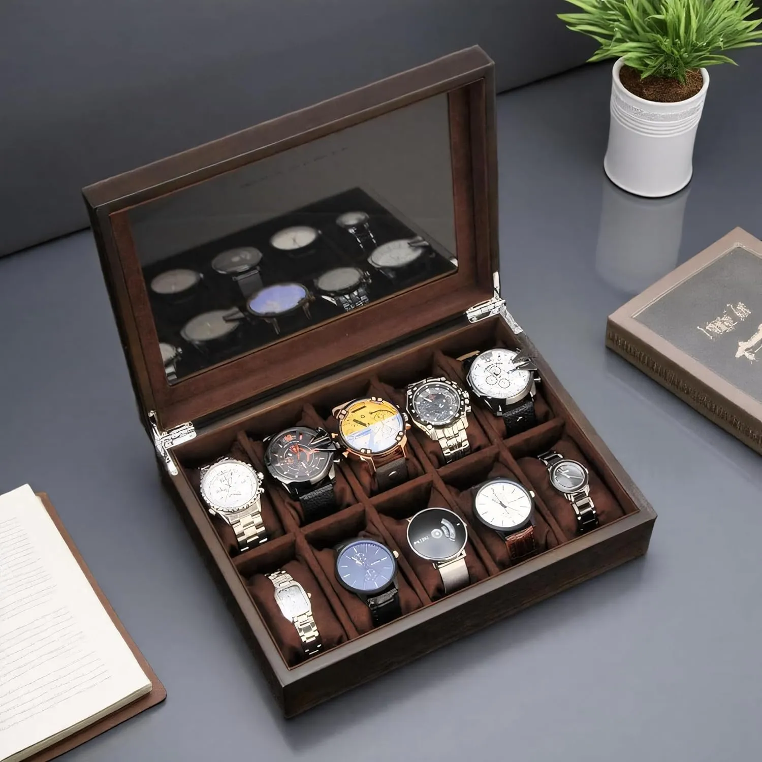 Wooden Watch Display Storage Box with 10 Slots, Solid Wood Walnut Mens Watch Box Organizer Velvet Lining for Father??s Day adaptive manifesto ant financier loose vault Black Watch Box, Watch Case for Men Women with Large Glass Lid, 