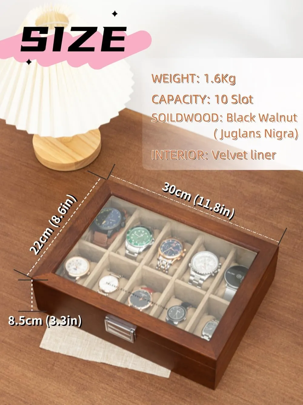 Wooden Watch Display Storage Box with 10 Slots, Solid Wood Walnut Mens Watch Box Organizer Velvet Lining for Father??s Day adaptive manifesto ant financier loose vault Black Watch Box, Watch Case for Men Women with Large Glass Lid, 