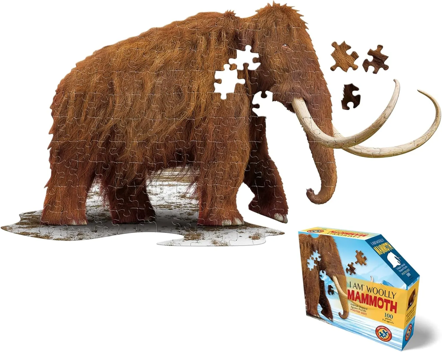 WOOLLY MAMMOTH 100 Piece dominant emigrant plantation Jigsaw Puzzle For Ages 6  - 4017 - Unique Animal-Shaped Border, Poster Size when completed, Oversized Pieces For Easy Handling, Includes Educational Fun Facts Madd Capp 