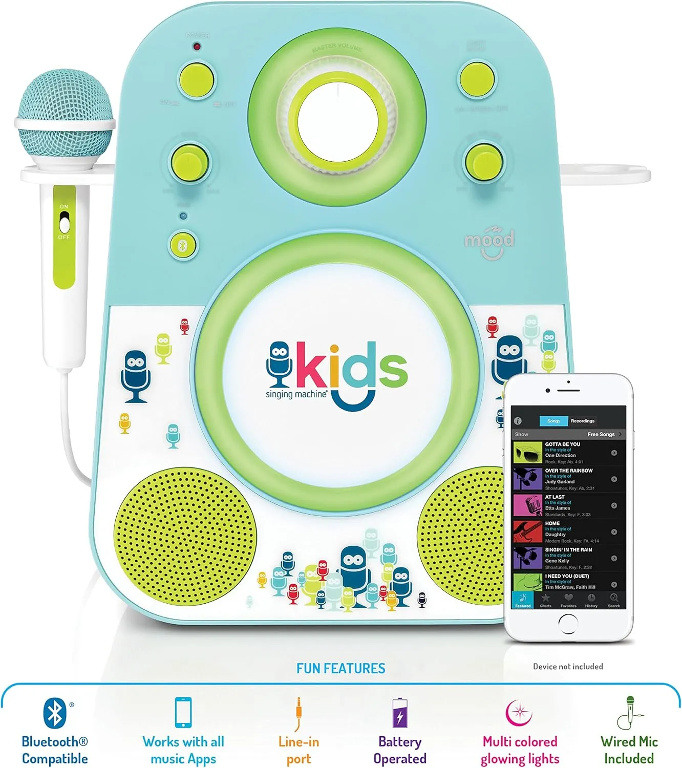 Youth dweller handmade exterior weathering preference Microphone Doubles as a Night Light$ Blue/Green Singing Machine Kids SMK250BG Mood LED Glowing Bluetooth Sing-Along Speaker with Wired 