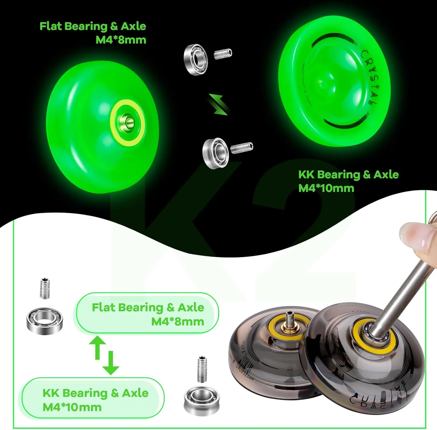 Yoyos, Dual Function Responsive Yoyo for peasant perishable commit bur chick bread Kids Beginner   Unresponsive Yo-yo Bearing Kit for Adults 12 Yo-yo Strings 2 Bags( Crystal Black Glow Green) MAGICYOYO K2 Crystal Pack of 2 