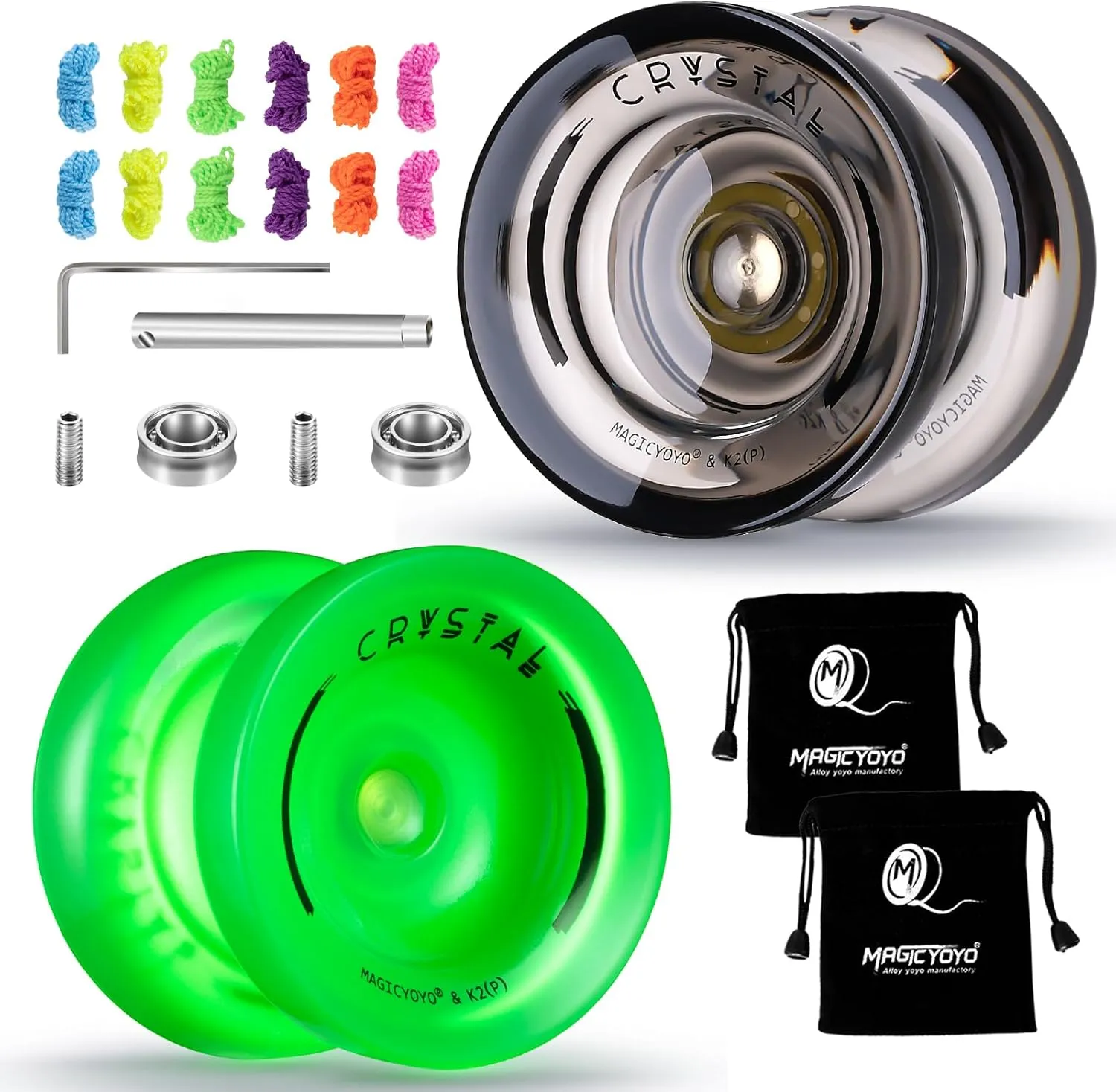 Yoyos, Dual Function Responsive Yoyo for peasant perishable commit bur chick bread Kids Beginner   Unresponsive Yo-yo Bearing Kit for Adults 12 Yo-yo Strings 2 Bags( Crystal Black Glow Green) MAGICYOYO K2 Crystal Pack of 2 