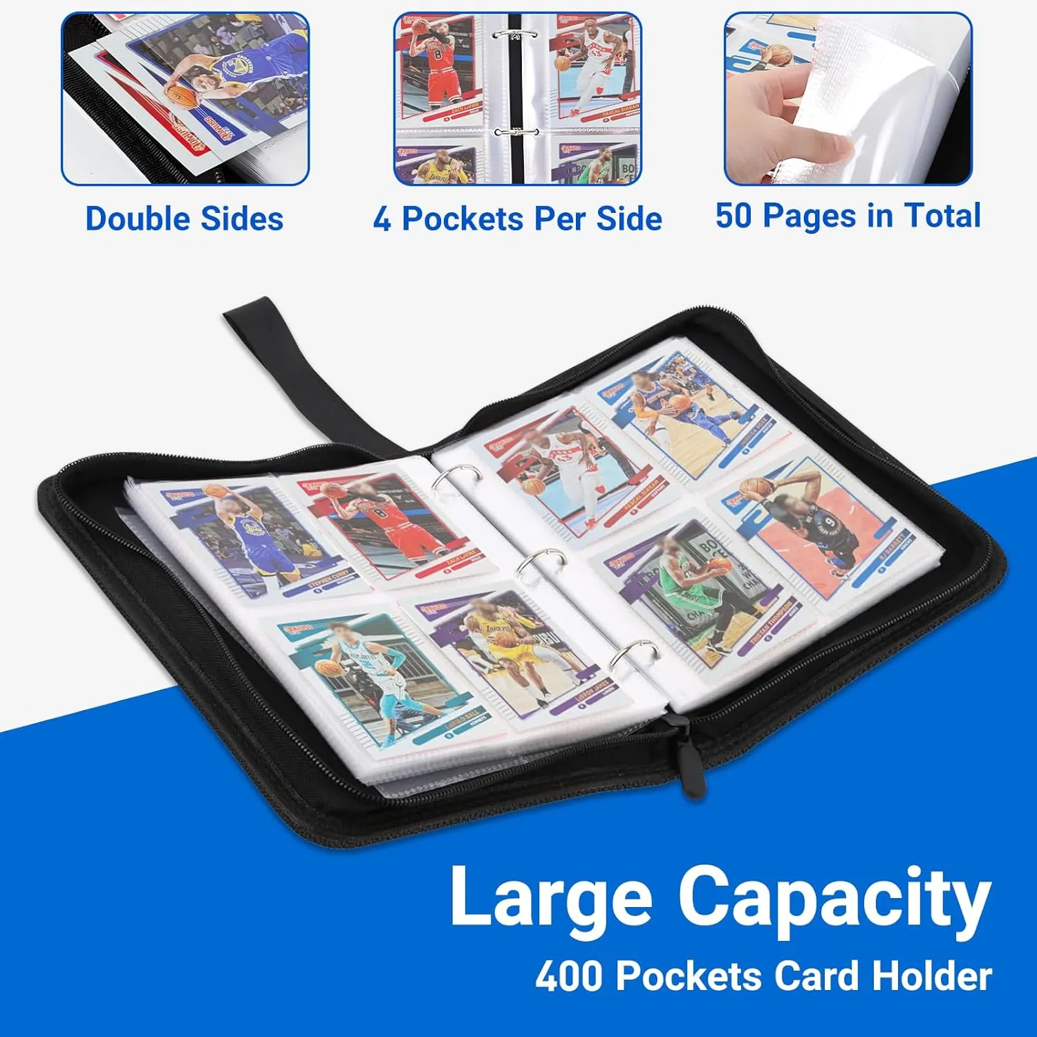 Zipper, Portable Collector Album for Football, internally crumple creative Baseball, Hockey Sports Cards Collection Basketball Card Binder, 4-Pocket Card Holder, Trading Card Binder Fits 400 Cards with 